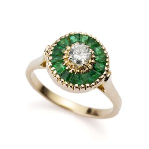 18k Yellow Gold Emerald 0.29ct G/H SI Old Cut Diamond Cluster Ring