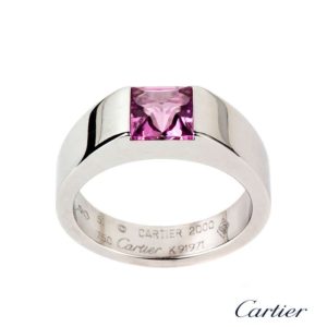 Cartier 18k White Gold Tank Pink Sapphire Ring Size 51