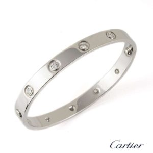 Cartier 18k White Gold Full Diamond Love Bangle Size 16 B6040716