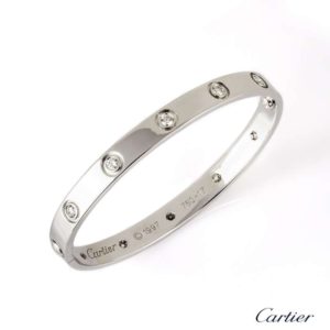 Cartier 18k White Gold Full Diamond Love Bangle Size 17 B6040717