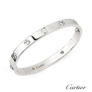 Cartier 18k White Gold Half Diamond Love Bangle Size 19 B6026419 B&P