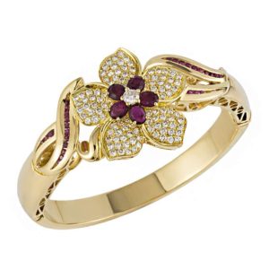 18k Yellow Gold Diamond  and Ruby Hinged Bangle