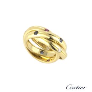 Cartier 18k Yellow Gold Diamond, Sapphire and Ruby Set Trinity Ring