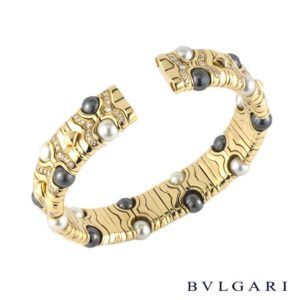 Bvlgari 18k Yellow Gold Diamond and Pearl Parentesi Cuff Bangle