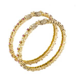 18k Yellow Gold Diamond and Ruby Elephant Bangles