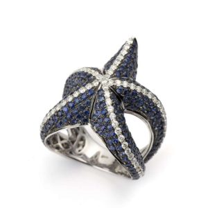 18k White Gold Sapphire and Diamond Starfish Ring