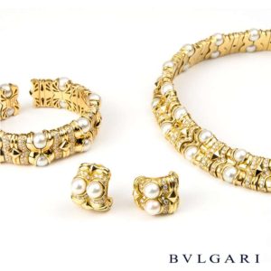 Bvlgari 18k Y/G Diamond and Pearl Necklace, Bracelet and Earring Suite
