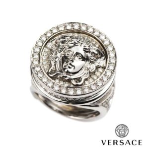 Versace 18k White Gold Diamond Set Medusa and Greca Ring