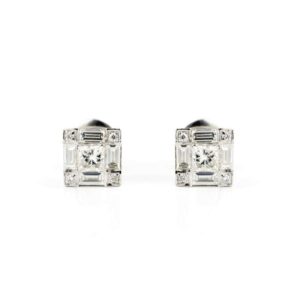 18k White Gold Diamond Square Cluster Stud Earrings 2.11ct Total
