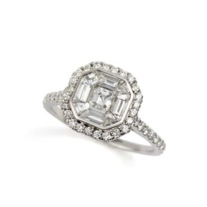18k White Gold Asscher Cut Diamond Cluster Ring 1.42ct Total