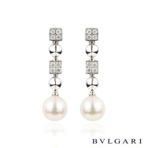 Bvlgari 18k White Gold Lucea Diamond and Pearl Drop Ear Clips