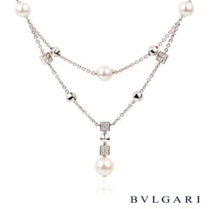 Bvlgari 18k White Gold Lucea Diamond and Pearl Necklace