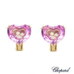 Chopard 18k Yellow Gold So Happy Diamond & Synthetic Pink Sapphire Earrings 846233-0009