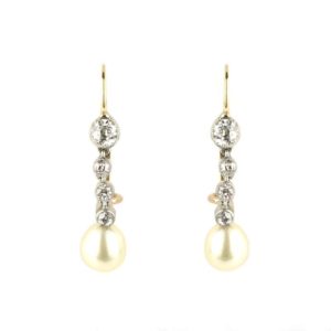 18k Yellow Gold Natural Pearl and Diamond Earrings C.1940