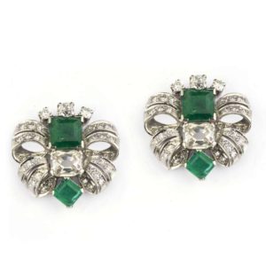 18k White Gold Emerald and Diamond Earrings c.1950